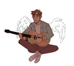 a man sitting on the ground playing a guitar with angel wings around his neck and shoulder