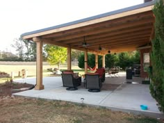 an outdoor covered patio with chairs and tables