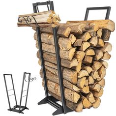 a stack of logs sitting on top of a metal stand next to a pile of wood