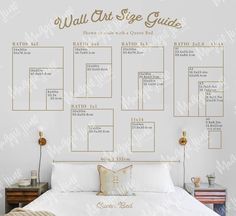 the wall art size guide is shown above a bed