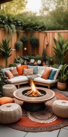 an outdoor living area with couches, tables and potted plants