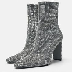 Zara Rhinestone Heeled Ankle Boots Rhinestone Details At Upper. Side Zip Closure, Block Heels, Pointed Toe * Size: 7.5 * Gray * Heel Height: 3.7” * (9.5 Cm) * Rhinestone Detail Sparkling Evening Heels For Winter, Glamorous Metallic Silver High Heel Boots, Elegant Sparkling Heels For Winter, Sparkling High Heel Evening Boots, Elegant Sparkling Boots For Night Out, Glamorous Silver Pointed Toe Boots, Chic Silver Heels For Winter, Evening High Heel Boots With Rhinestones, Glamorous Sparkling Ankle-high Boots