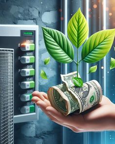 a hand holding money with a green plant growing out of it's slot machine