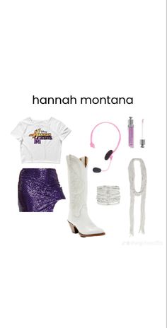 a white shirt, purple skirt and boots with the words hannah montana written on it