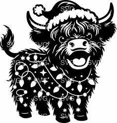 a black and white drawing of a cow with christmas lights on it's fur