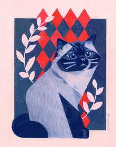 a painting of a siamese cat wearing a red and black tie with leaves on it