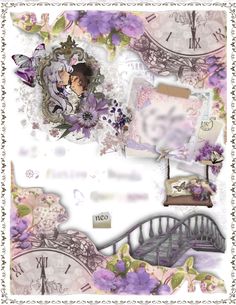 a collage with purple flowers and clocks