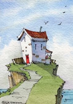 a drawing of a house sitting on top of a cliff