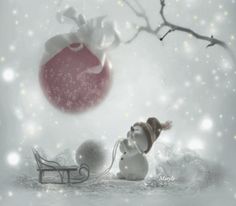 a snowman is pulling a sleigh in front of a christmas ornament