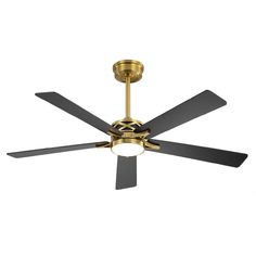 a gold ceiling fan with two black blades and a light on the top of it