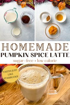 This image shows a recipe for a sugar free pumpkin spice latte. Sugar Free Pumpkin Spice Latte, Pumpkin Latte Recipe, Starbucks Psl, Pumpkin Pie Latte, Low Calorie Pumpkin, Pureed Pumpkin, Best Overnight Oats Recipe, Pumpkin Spice Drinks