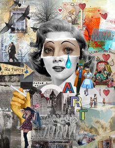 a collage with many different pictures and words on it, including an image of a woman's face