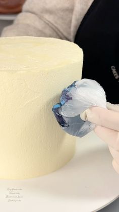 a person is decorating a cake with icing