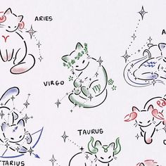 the zodiac signs are drawn on paper with colored inks and stars around them, as well as an astro sign