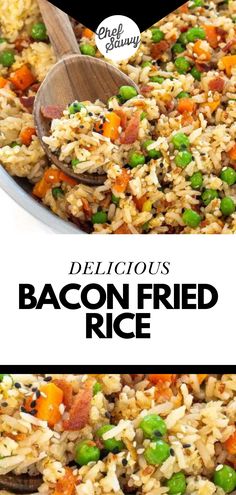 bacon fried rice with peas and carrots in a pan