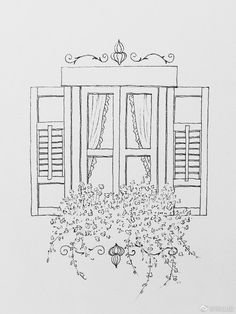 a drawing of an open window with curtains and flowers in the foreground on a white paper background