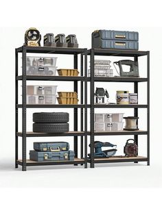 an industrial shelving unit with various items on top and bottom shelves, all stacked together