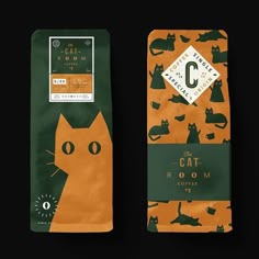 two coffee bags with cats on them, one is green and the other is orange