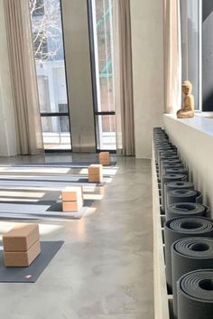 yoga mats are lined up on the floor in an empty room with large windows and doors