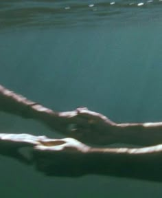 two hands in the water with one holding an object above them and another reaching for it