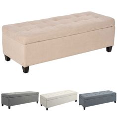 three different colored ottomans with black legs and one white footstool, the other light gray