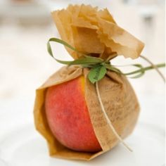 an apple wrapped in brown paper on a plate