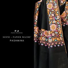 Black Shawl For Eid With Traditional Drape, Elegant Black Shawl For Eid, Elegant Pashmina Shawl With Multicolor Embroidery, Festive Black Shawl With Traditional Drape, Black Pashmina Shawl For Wedding, Black Shawl For Festive Occasion Of Eid, Unstitched Black Embroidered Fabric With Motifs, Festive Black Pashmina Shawl With Embroidered Border, Black Embroidered Fabric With Border For Eid