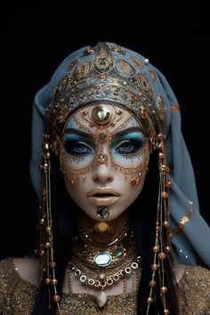 a close up of a person wearing a costume and headpiece with jewelry on it