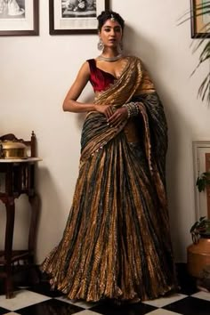 Shop for Etasha by Asha Jain Multi Color Velvet Gota Tissue Textured Pre-draped Saree Set for Women Online at Aza Fashions Lehanga Styling, Lengha Designs, Velvet Saree, Indian Outfits Lehenga, Desi Fashion Casual, Drape Saree, Saree Designs Party Wear, Indian Dresses Traditional, Traditional Indian Outfits