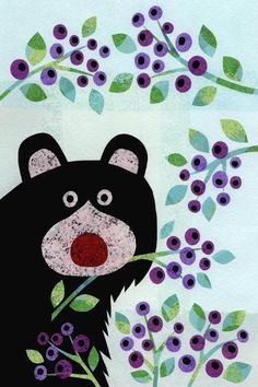 a painting of a black bear with purple flowers