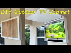 the diy outdoor tv cabinet is hanging on the wall