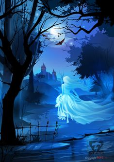 a woman in a white dress is walking through the woods at night with a full moon behind her