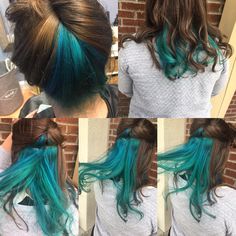 Light Brown And Teal Hair, Peekaboo Hair Section, Peekaboo Hair Color Turquoise, Teal Underdye Hair, Blue And Green Highlights, Brown And Turquoise Hair, Ginger And Teal Hair, Teal Peekaboo Highlights