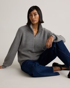 Cross off comfort and timeless style with one sweater—our Australian Merino Wool Half Zip. Made from heavyweight Australian merino wool yarn, this cozy-soft sweater brings serious warmth. A fisherman knit keeps it classic while the half zip makes for easy layering. Our prediction: It's the one you won't take off all winter.  | Quince | Women's Australian Merino Wool Half Zip Sweater in Heather Grey, Size Medium Zip Knit Sweater, Wool Sweaters Womens, Half Zip Sweater, Fisherman Sweater, Merino Wool Yarn, Half Zip Sweaters, Soft Sweater, Merino Wool Sweater, Cozy Sweater