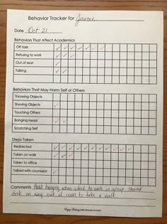 a paper that has been placed on top of a wooden table with the words behavior tracker for