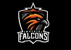 the imperial falcons logo is shown on a black background with orange and yellow accents