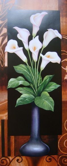 a painting of white flowers in a blue vase on a brown and black tablecloth