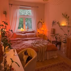 a bed room with a neatly made bed and lots of plants on the windowsill