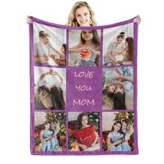 a woman holding up a purple blanket with photos on it and the words love you mom