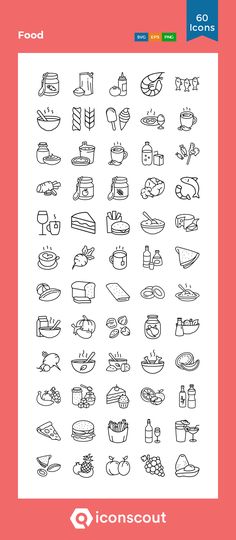 the food icon set is shown in black and white, with different icons on it