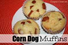 three muffins on a white plate with the words corn dog muffins