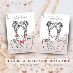 two cards with the words, editable jewelry display card and an image of a woman's face