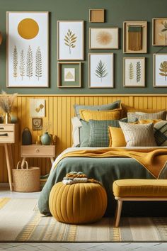 a bedroom with green walls and yellow bedding, pictures on the wall above it