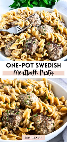 one - pot swedish meatball pasta in a white bowl with a fork and parsley on the side