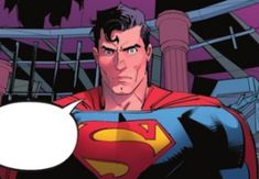 a man in a superman suit with a speech bubble above his head, looking at the camera