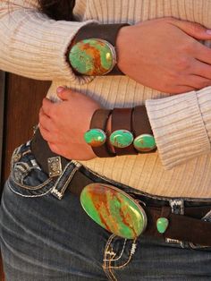 Kingman Az, Buckle Necklace, Cowgirl Bling, Saddle Leather, Leather Cuffs Bracelet, Green Tones, Coral Turquoise