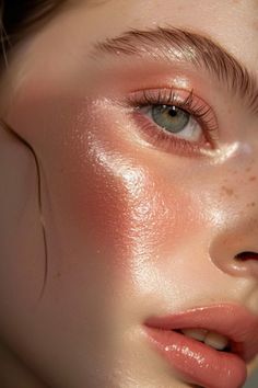 Soft And Elegant Aesthetic, Aphrodite Inspired Makeup, Soft Dewy Makeup Look, Soft Peach Makeup, Coral Makeup Looks, Soft Dewy Makeup, Shimmer Aesthetic, Dewy Skin Makeup, Peachy Makeup