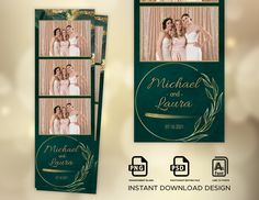 the wedding card is designed to look like it has three photos and gold trimmings