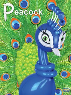 a blue bird with green balls in its beak and the words peacock on it's back