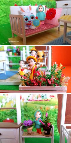 the dollhouse is decorated with flowers and toys